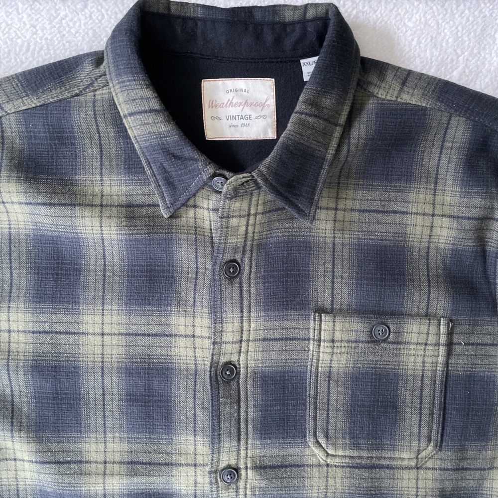 Weatherproof Mens‎ XXL Flannel Shirt Jacket Green Plaid Fleece Lined Long Sleeve